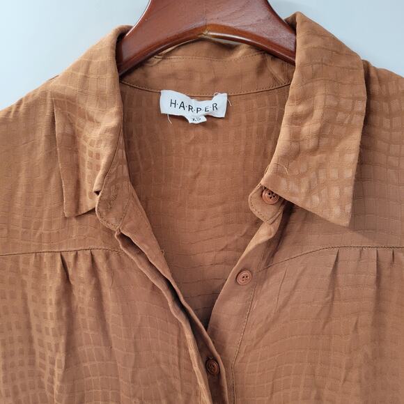 Harper Tiered Shirt Dress Womens XS Brown Embossed Animal Print Button Down Maxi - Picture 6 of 16